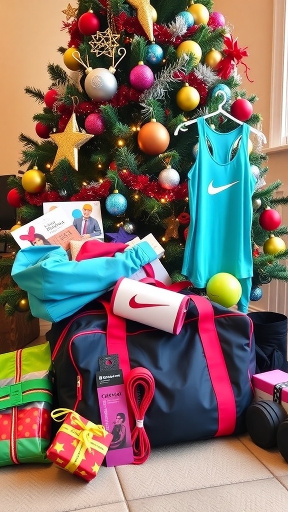 Christmas gifts for gym lovers including workout clothes, accessories, and fitness gadgets under a Christmas tree.